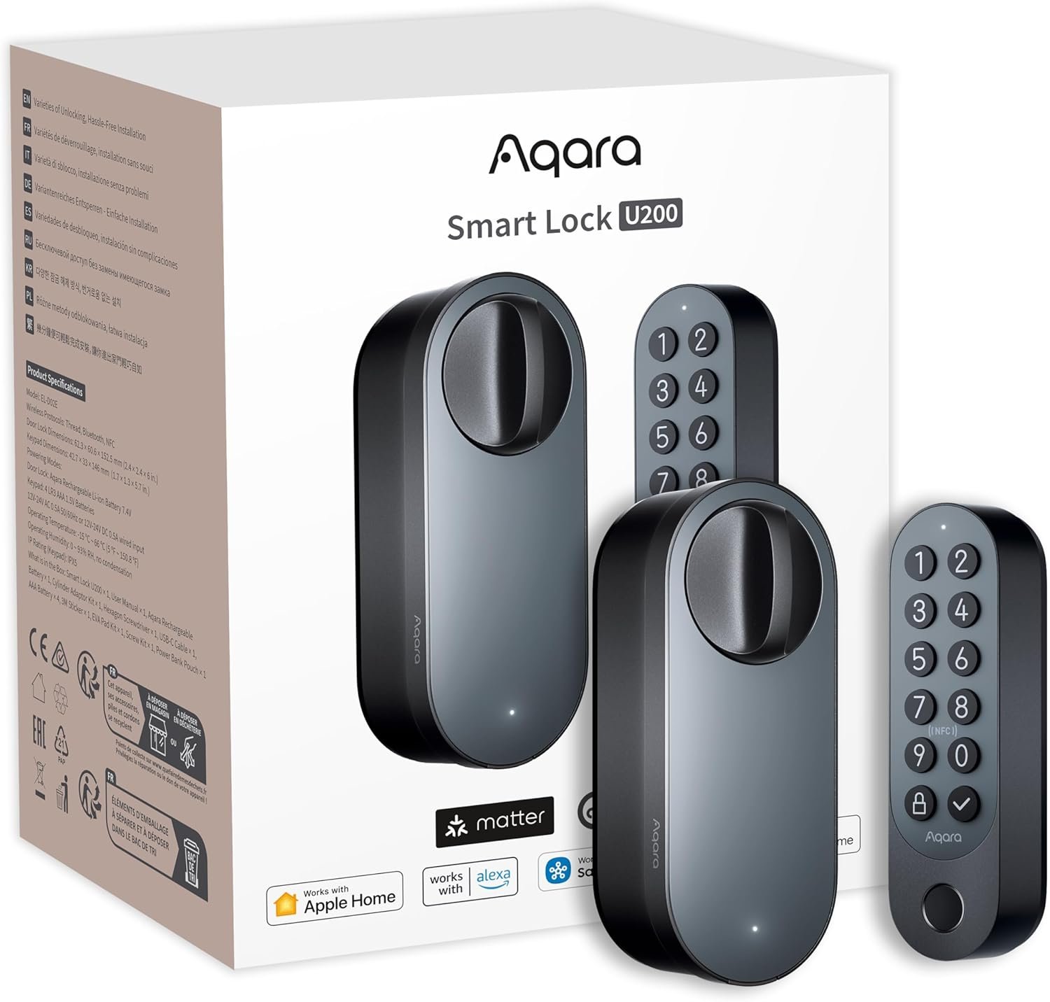 Aqara Smart Lock U200 (with Fingerprint), Matte Over Thread, Smart Door Lock with Apple Home Key and Rechargeable Battery, Supports Apple Home, Google Home, Alexa and SmartThings