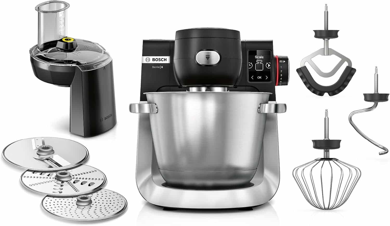 Bosch MUMS6ZS13D Series 6 Food Processor Automatic Programmes, Integrated 1 g Scale, 5.5 L Bowl, Continuous Shredder, Slices, Dough Hook/Whisk/Silicone Brush, Dishwasher-safe, 1,600 W, Silver/Black