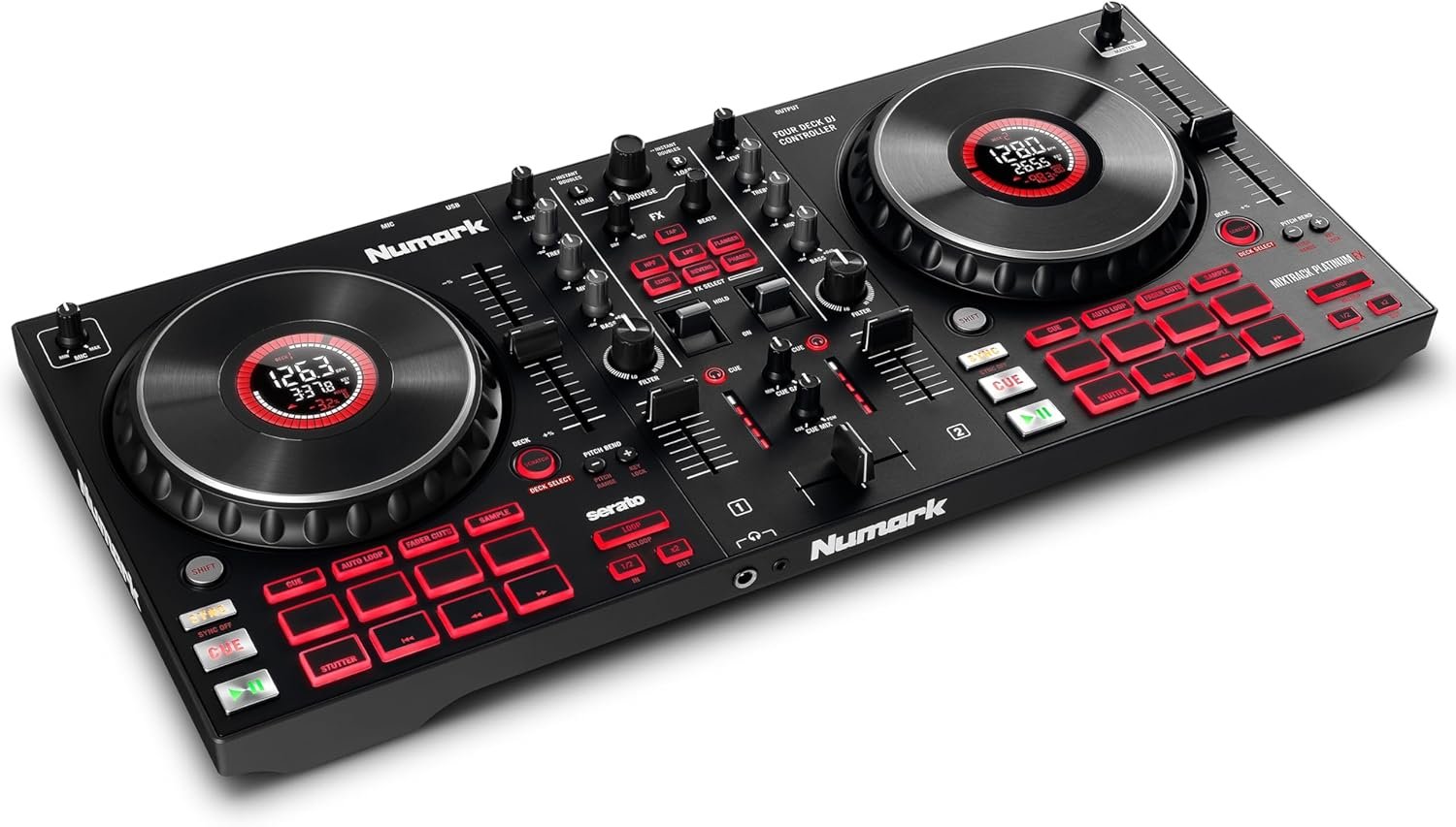 Numark Mixtrack Platinum FX - DJ controller desk with 4-deck control, integrated audio interface, jogwheel displays and effect paddles