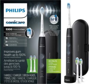 Philips Sonicare ProtectiveClean 5300 Rechargeable Electric Toothbrush, with Pressure Sensor, 3 Cleaning Modes, SmarTimer and QuadPacer, with 2 Bonus Brush Heads, Travel Case