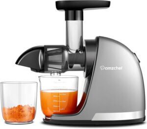 AMZCHEF juicer vegetable and fruit test winner - slow juicer with backward chew function - delicate shredding without filters - electric juicer with brush and 2 cups - silver