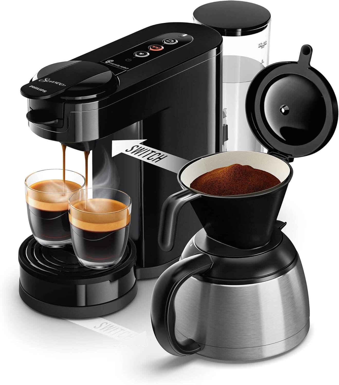 Philips Domestic Appliances Senseo Switch Pad and Filter Coffee Maker, 2-in-1 Brewing Technology, 1 litre Water Container