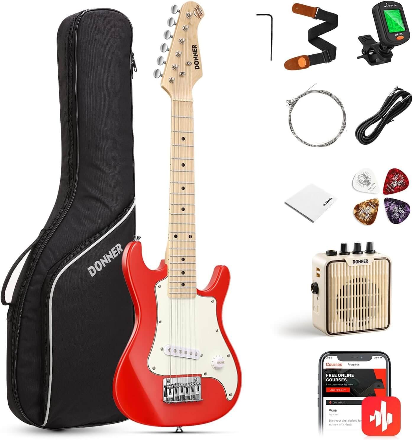 Donner 30 Inch Kids Junior Electric Guitar Beginner Kit ST Style Mini Guitar Premium Bundle with Amp, Tuner, Capo, Bag, Strap, String, Cable