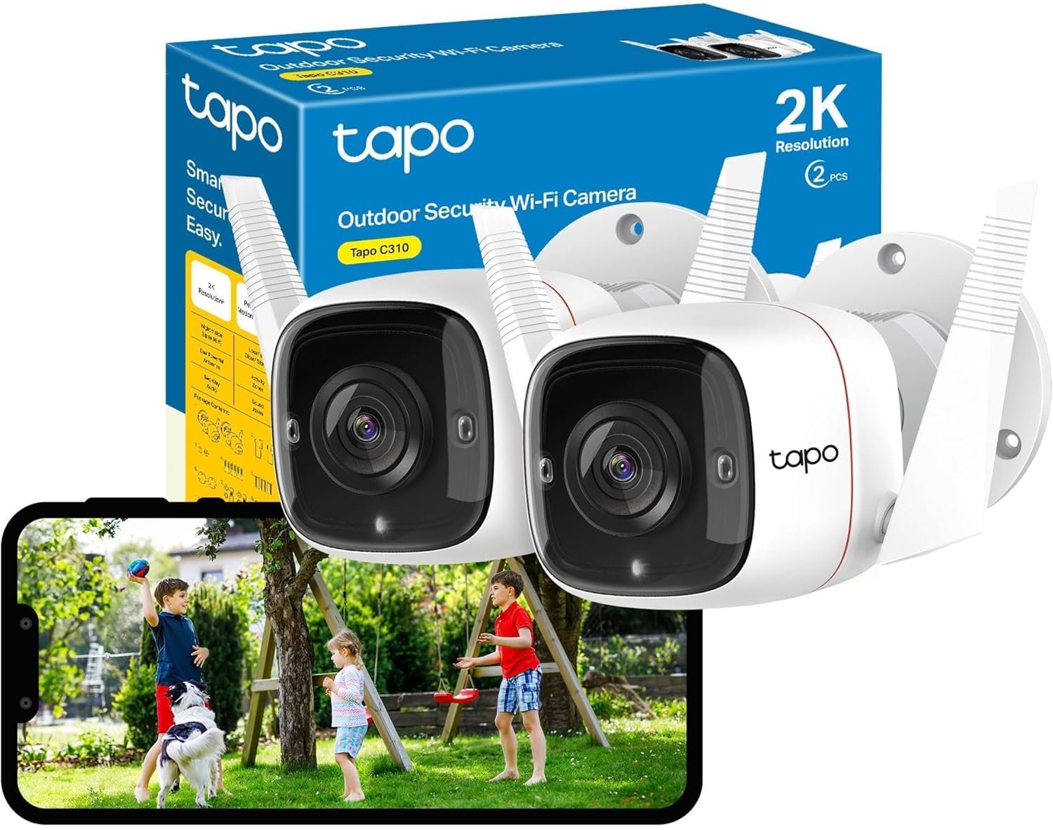 Tapo C310P2 2-Pack 2K Security Camera Outdoor Wireless & Wired, Outdoor Camera No Monthly Fee, AI Detection, Advanced Night Vision, Two-Way Talk, IP66 Weatherproof, Works with Alexa & Google