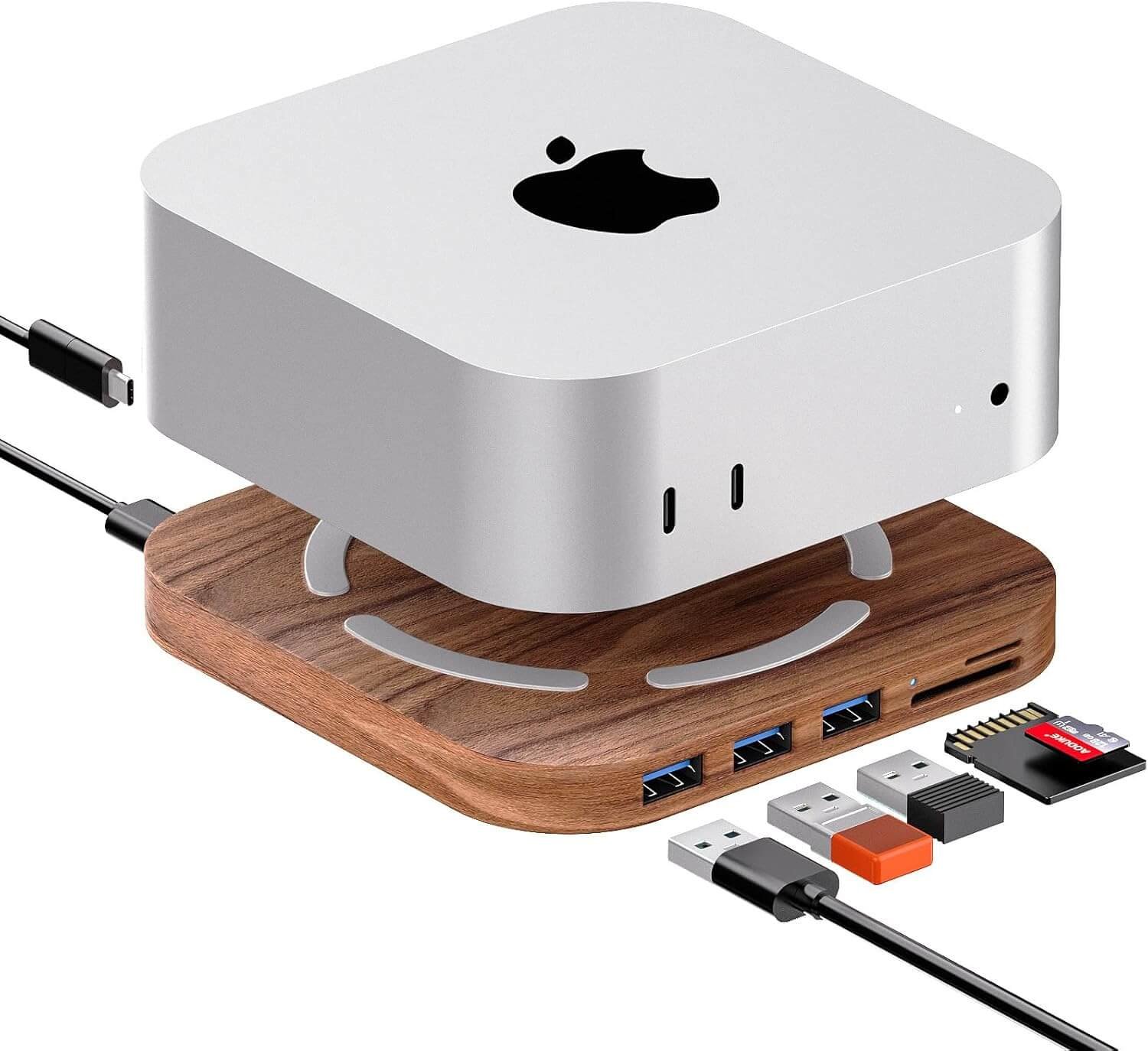 AODUKE Walnut Wood Mac Mini M4 Dock Bracket, Mac Mini M4 Accessories, Mac Mini M4 Pro HUB, MacMini2024 Docking Station with 2x USB3.0 5Gbps, SD3.0/TF3.0 Card Readers-AJM4-H