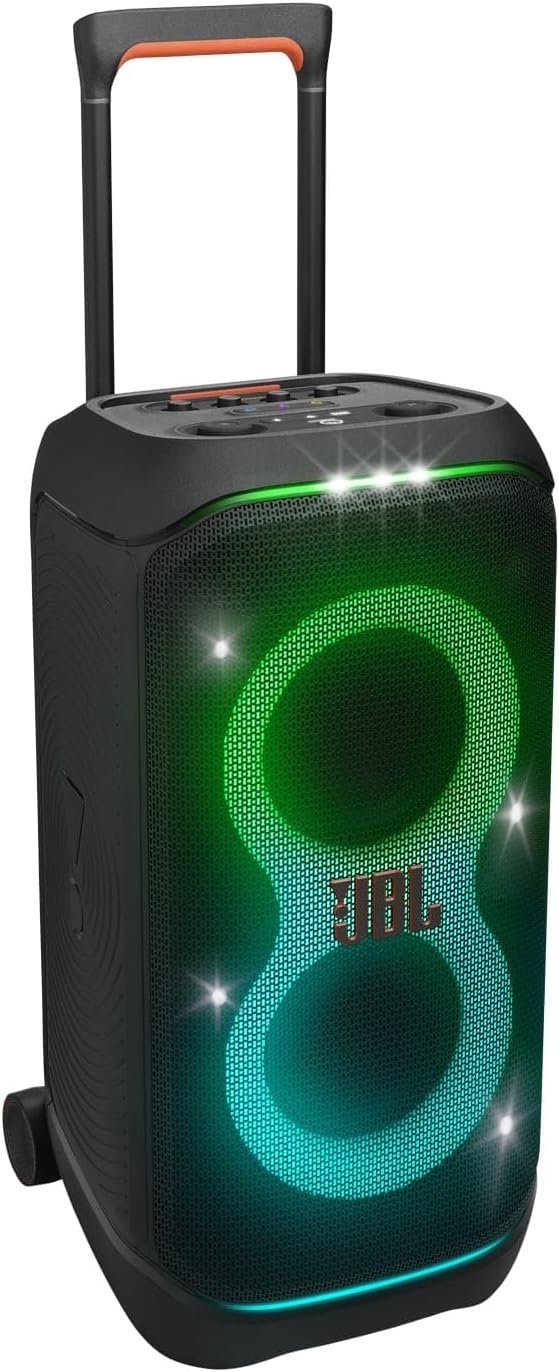 JBL PartyBox Stage 320 Portable Bluetooth Party Speaker with Wheels and Telescopic Handle, JBL Pro Sound, Splashproof Design, Light Show, AI Sound Boost, 18-Hour Playtime