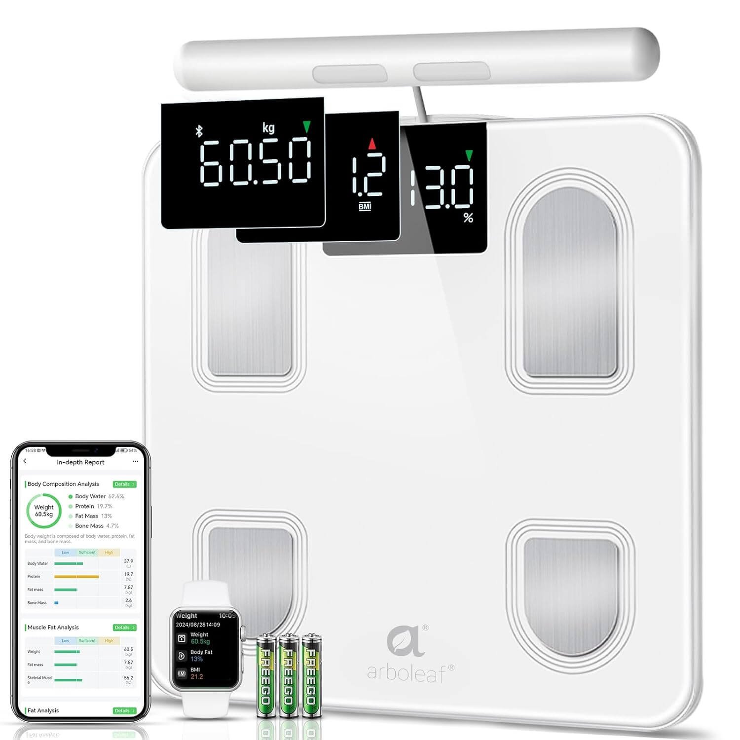 Body Fat Scales with Hand Sensors Retractable for Body Analysis, Scales with Body Fat and Muscle Mass Personal Scales 180 kg / 400 lb with App, Body Analysis Scales 26 Body Dimensions