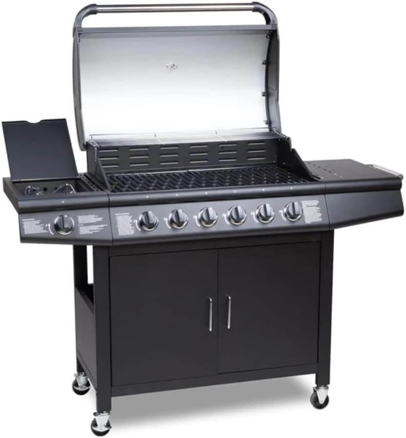 Pro Deluxe 7 Gas Burner 6+1 Barbecue Grill Stainless-Steel Warming Rack, Side-Burner, Built-in Temperature Gauge and Weatherproof Cover (Black)