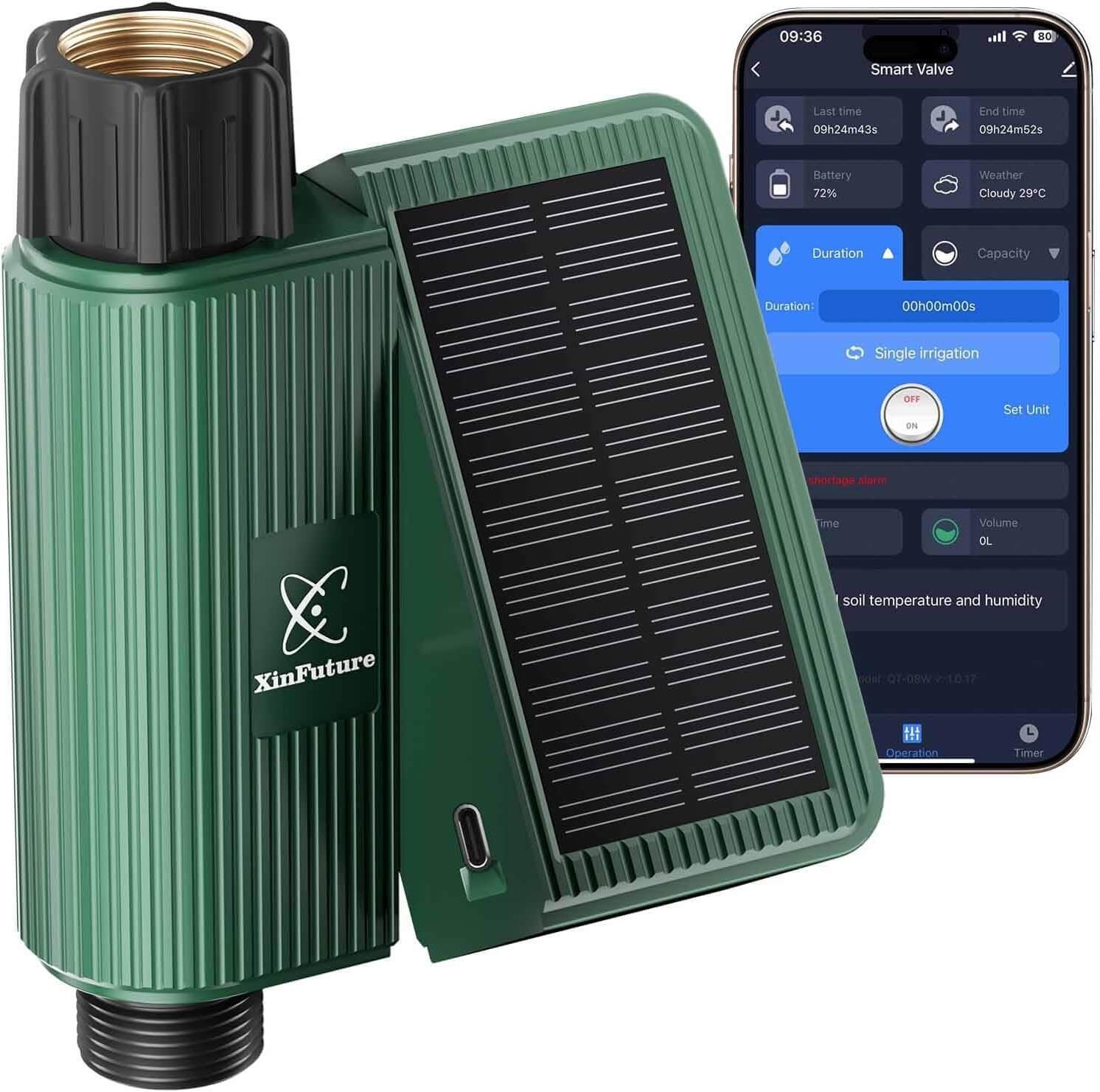 XinFuture Smart WiFi Solar Sprinkler Timer, Water Timer Rechargeable with Rain Delay, Manual& Automatic Watering System for Garden Hose Faucet, App& Voice Control, Outdoor Irrigation Controller