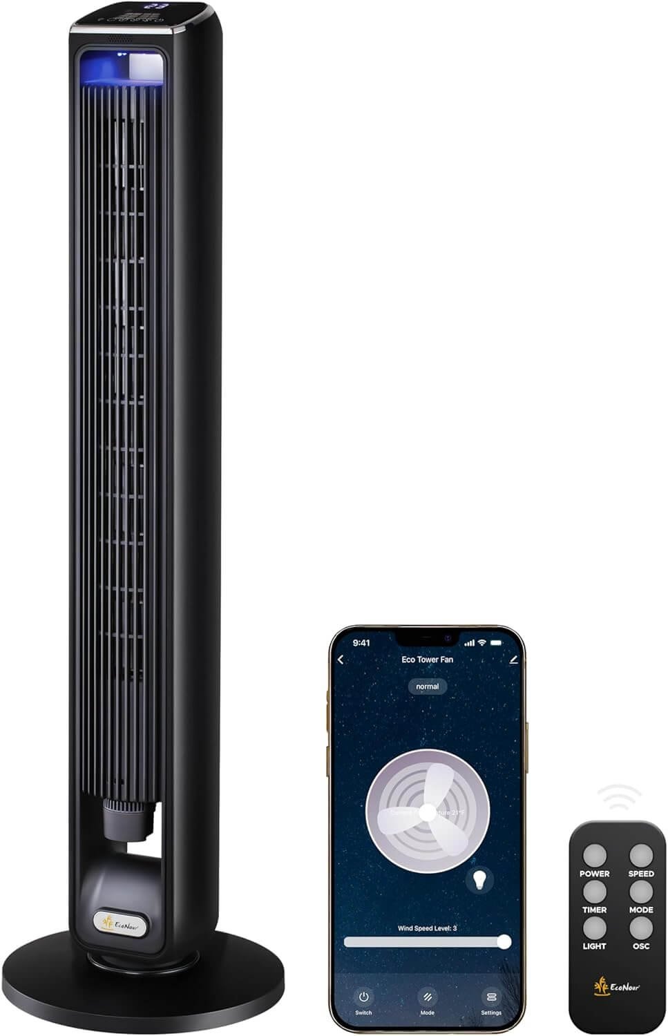EcoNour 42-Inch Smart Tower Fan | Oscillating Cooling Fan with WiFi/Alexa/Remote Control | 3 Speeds, 2 Modes, 15H Timer | LED Touch Display | Bladeless Design Fans for Bedroom