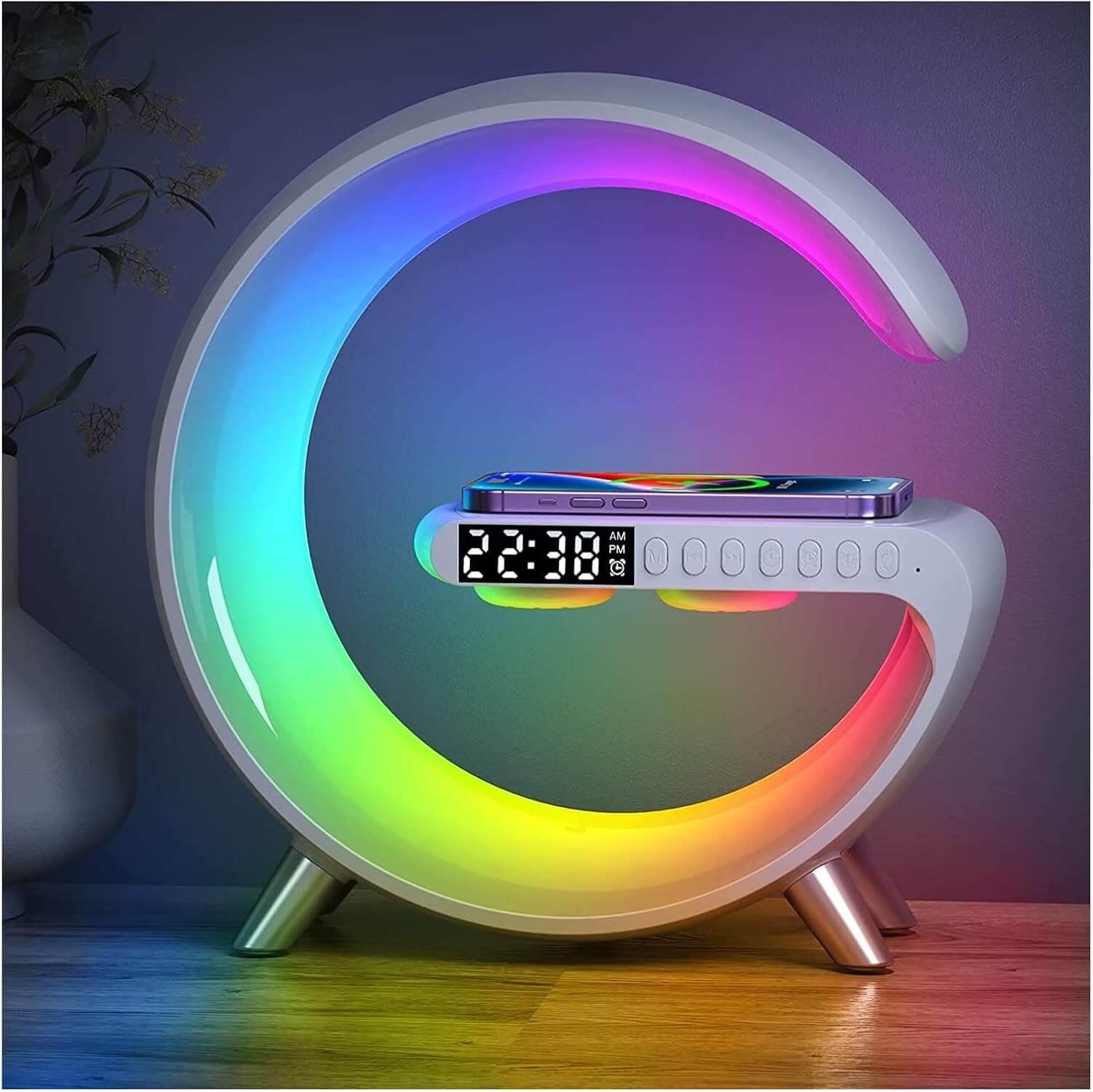 Smart LED Table Lamp, 4-in-1 Wireless Charger, Night Light, Alarm Clock, and Bluetooth Speaker with App Control for Bedroom, Office, and Home Decor 