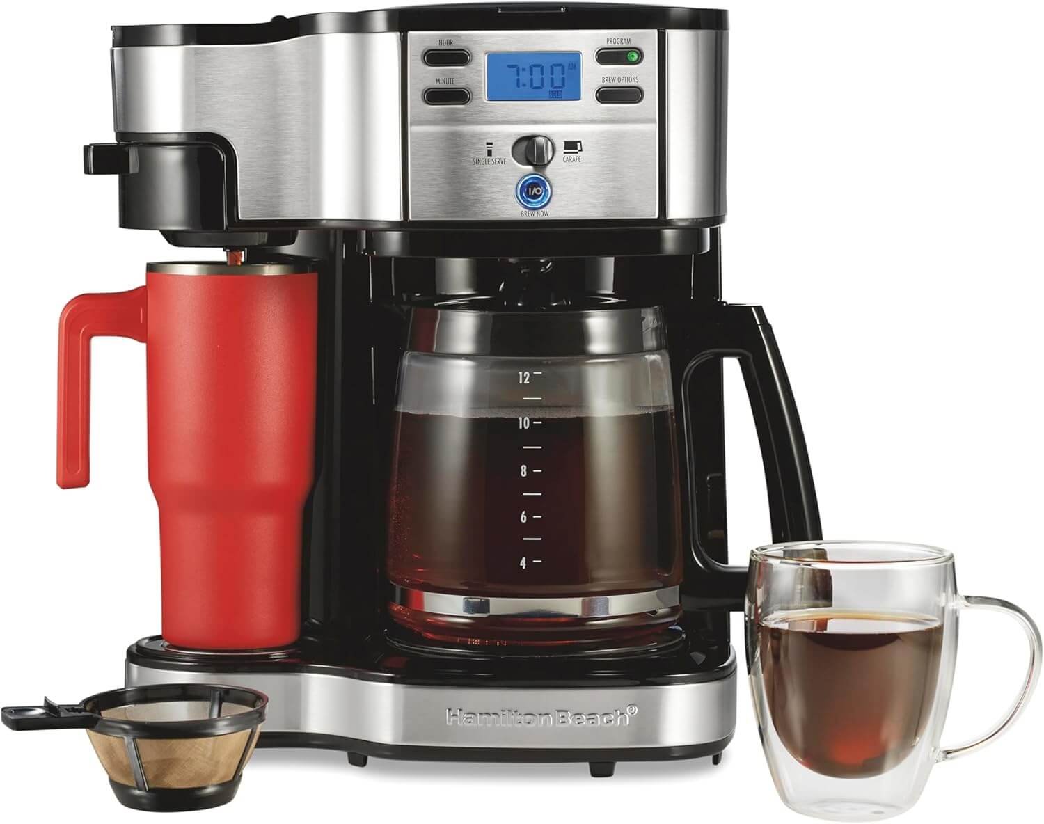 Hamilton Beach 2-Way 12 Cup Programmable Drip Coffee Maker & Single Serve Machine, Glass Carafe, Auto Pause and Pour, Black 