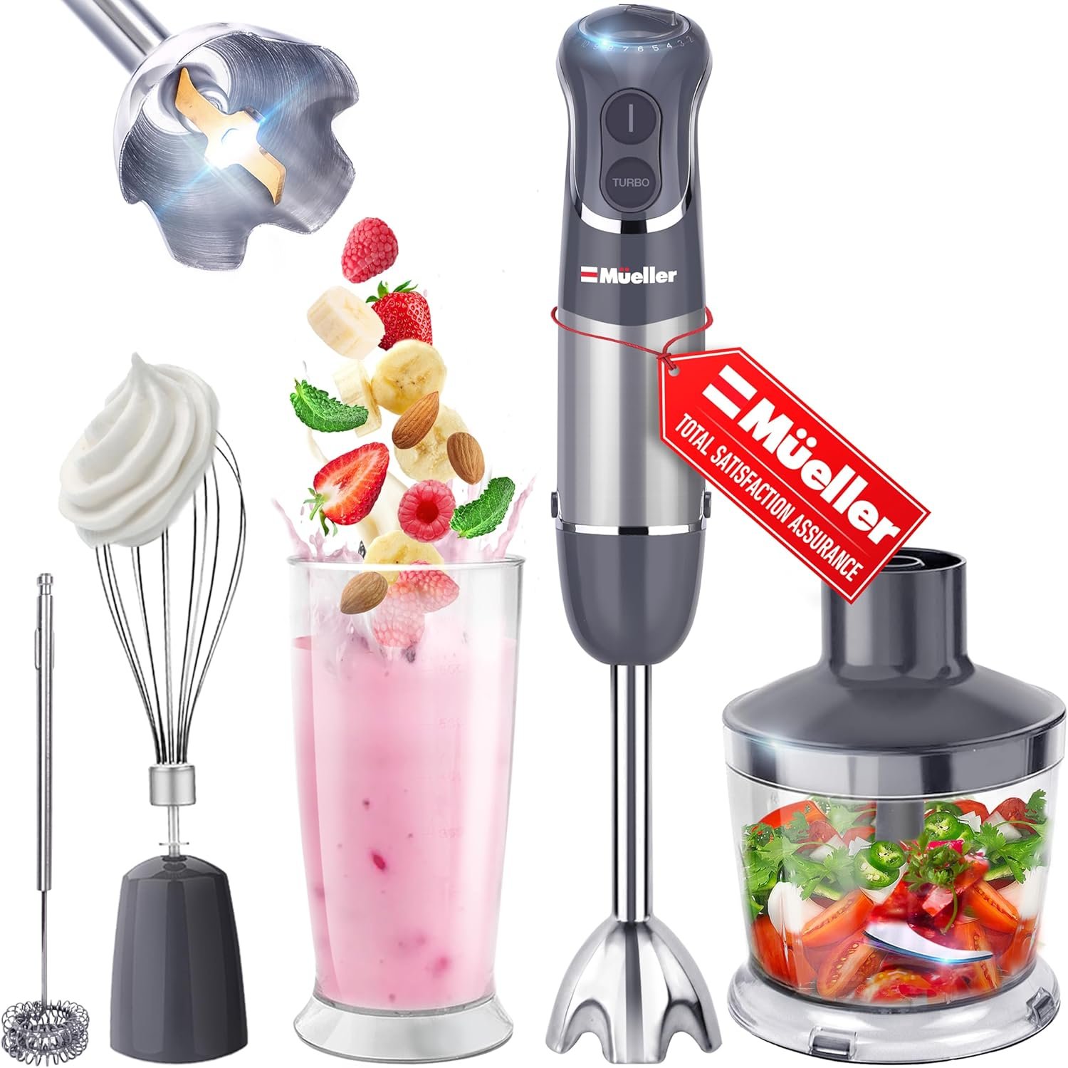 Mueller Multistick 5-in-1 Immersion Blender Handheld, 12 Speed Hand Mixer - Turbo Boost, Heaviest Duty Copper Motor, Titanium Blades Hand Blender, Milk Fro