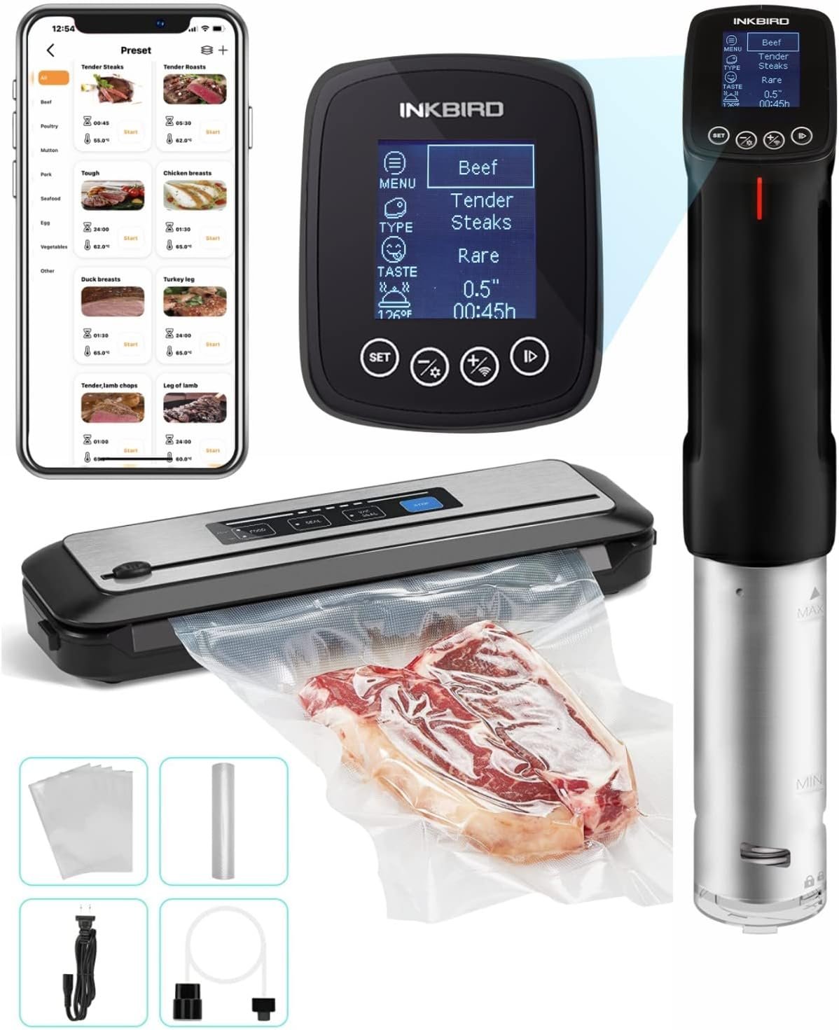 INKBIRD WIFI Sous Vide Cooker ISV-100W and Vacuum Sealer Machine | 1000W Sous-Vide Cooker Immersion Circulator with 14 Preset Recipes on APP and Thermal Immersion, Fast-Heating with Timer