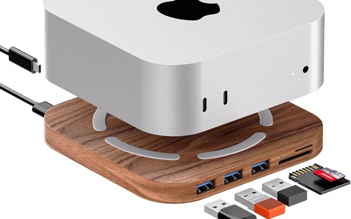 AODUKE Walnut Wood Mac Mini M4 Dock Bracket, Mac Mini M4 Accessories, Mac Mini M4 Pro HUB, MacMini2024 Docking Station with 2x USB3.0 5Gbps, SD3.0/TF3.0 Card Readers-AJM4-H