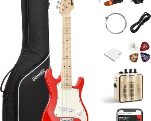 Donner 30 Inch Kids Junior Electric Guitar Beginner Kit ST Style Mini Guitar Premium Bundle with Amp, Tuner, Capo, Bag, Strap, String, Cable