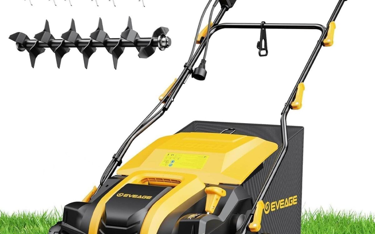 2025 Upgraded EVEAGE 16-Inch 15 Amp Electric Dethatcher & Scarifier, 5-Position Depth Adjustment, 14.5gal Collection Bag, Increases Lawn Health, EDS16S