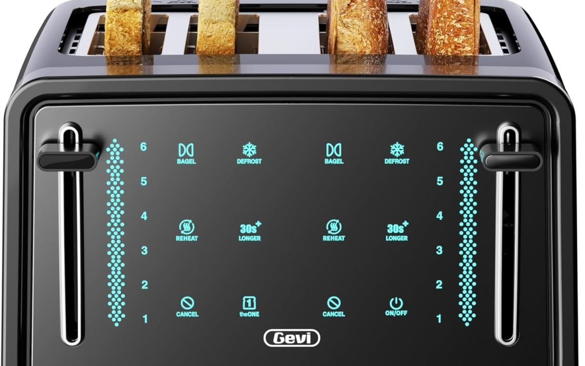 Gevi Toaster 4 Slice,Led Display Touchscreen Bagel Toaster with Dual Control Panels of Bagel/Reheat/Defrost/Cancel/Toasting One Slice/Longer Function