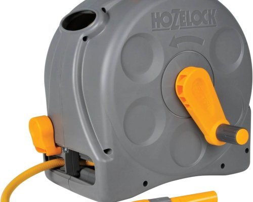HOZELOCK - 2-in-1 Compact Hose Reel 25m : Portable or Wall-mounted Plastic Reel, Easy Rewind Function, Supplied with Nozzle, Fittings and Fixings