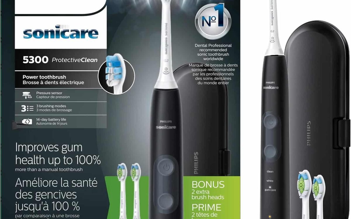 Philips Sonicare ProtectiveClean 5300 Rechargeable Electric Toothbrush, with Pressure Sensor, 3 Cleaning Modes, SmarTimer and QuadPacer, with 2 Bonus Brush Heads, Travel Case