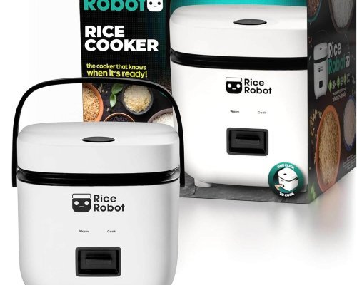 Rice Robot Personal Rice Cooker, PFAS-free, Nonstick. 1 Quart Capacity, with Stainless Steel Steamer Tray, Measuring Cups, Recipe Book with 60 Recipes, and Serving Spoon, As Seen On TV