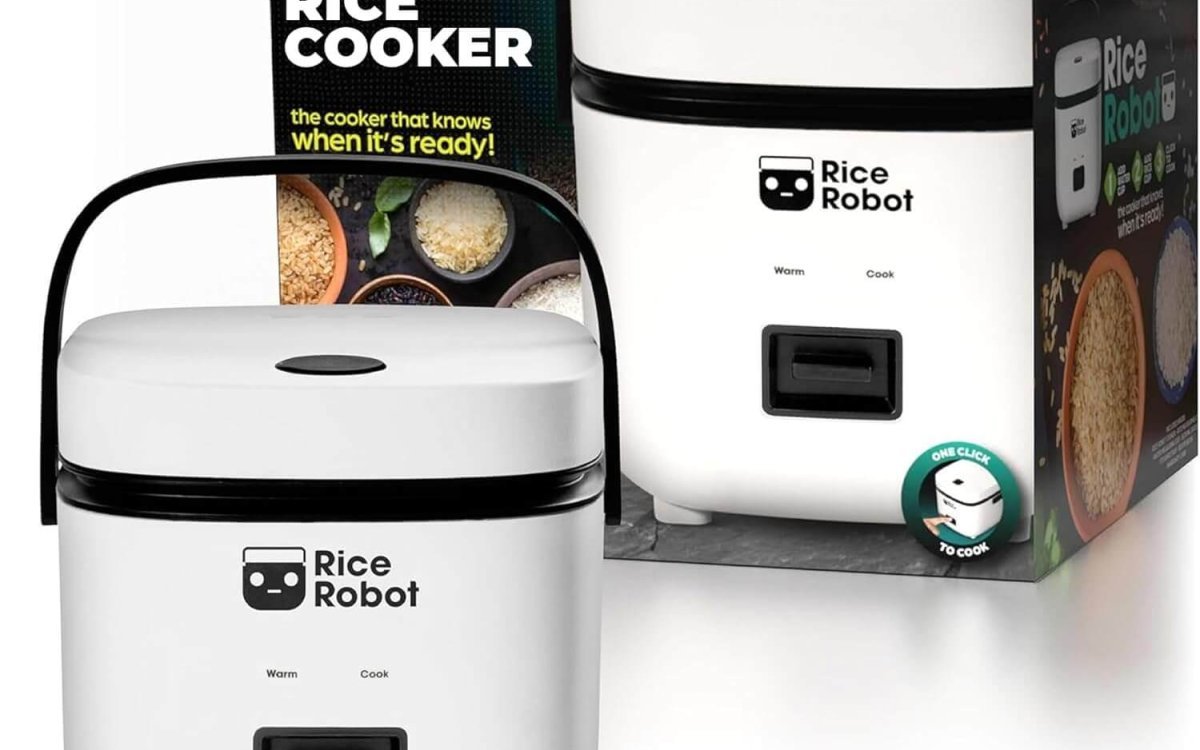 Rice Robot Personal Rice Cooker, PFAS-free, Nonstick. 1 Quart Capacity, with Stainless Steel Steamer Tray, Measuring Cups, Recipe Book with 60 Recipes, and Serving Spoon, As Seen On TV