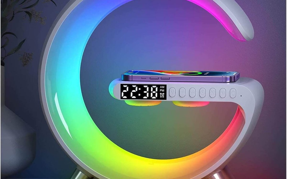 Smart LED Table Lamp, 4-in-1 Wireless Charger, Night Light, Alarm Clock, and Bluetooth Speaker with App Control for Bedroom, Office, and Home Decor 