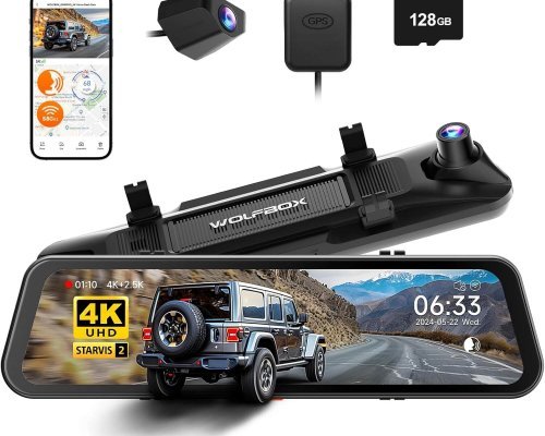 WOLFBOX G900 PRO Mirror Dash Cam with STARVIS 2 IMX678, 12 inches Rear View Mirror Camera with Front 4K and Rear 2.5K, Included 128GB Card, Voice Control, 5.8GHz WiFi, Reverse Assist, G-Sensor & GPS